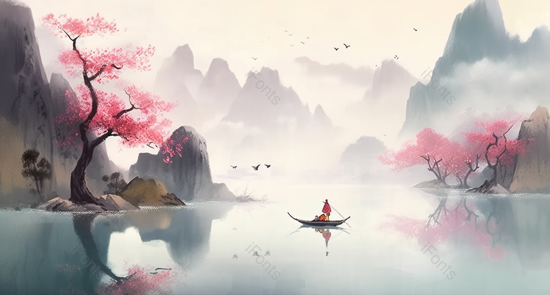 在湖面上划船垂钓水墨背景图,插画/手绘图,插画/手绘图库,插画/手绘图下载,插画/手绘